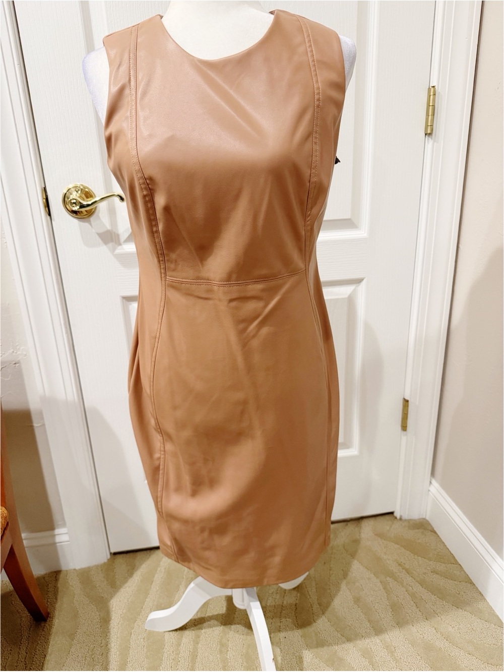 NWT Calvin Klein Sleeveless Tan Faux-Leather Sheath Dress